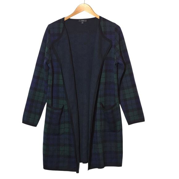 J. Crew Plaid Tartan Long Open Cardigan Sweater Green Blue Cozy Classic Winter S - Picture 2 of 11
